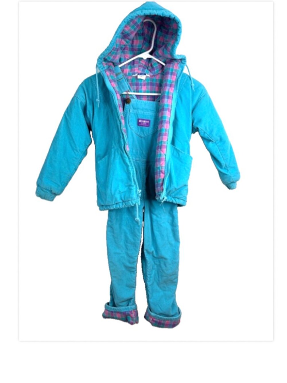 VTG OshKosh Teal Corduroy Overalls Hooded Jacket Matching Set Flannel Lined 6X